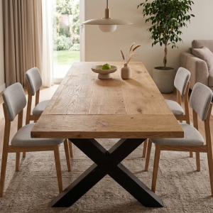 Robuuste eiken tafel met metalen poot