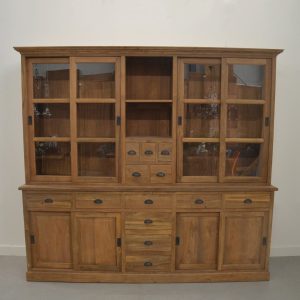 Grote teak vitrinekast / winkelkast / buffetkast, glad hout