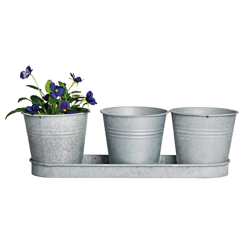 Esschert Design 3 bloempotjes op tray oud zink