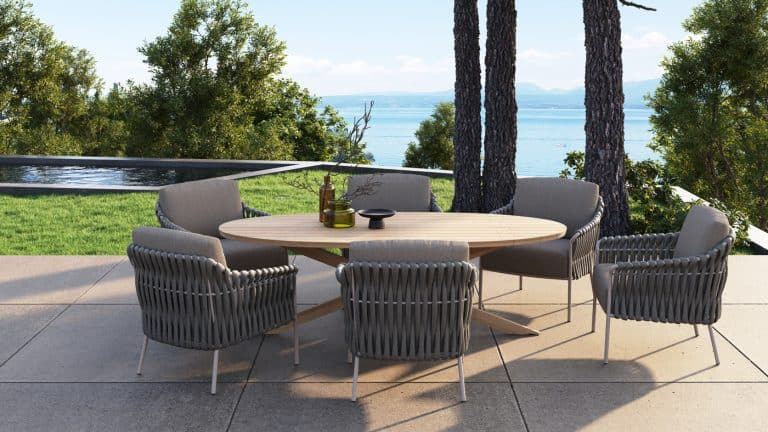 Low dining tafel Saba latte Ø130 cm + Low dining stoel Comino - Afbeelding 3